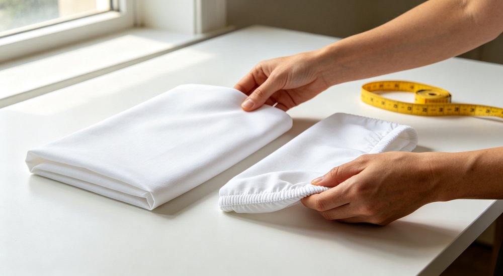 Hands-on close-up of hands comparing flat and fitted sheet fabric samples showing thread count weave pattern and material texture difference for institutional bedding procurement decisions