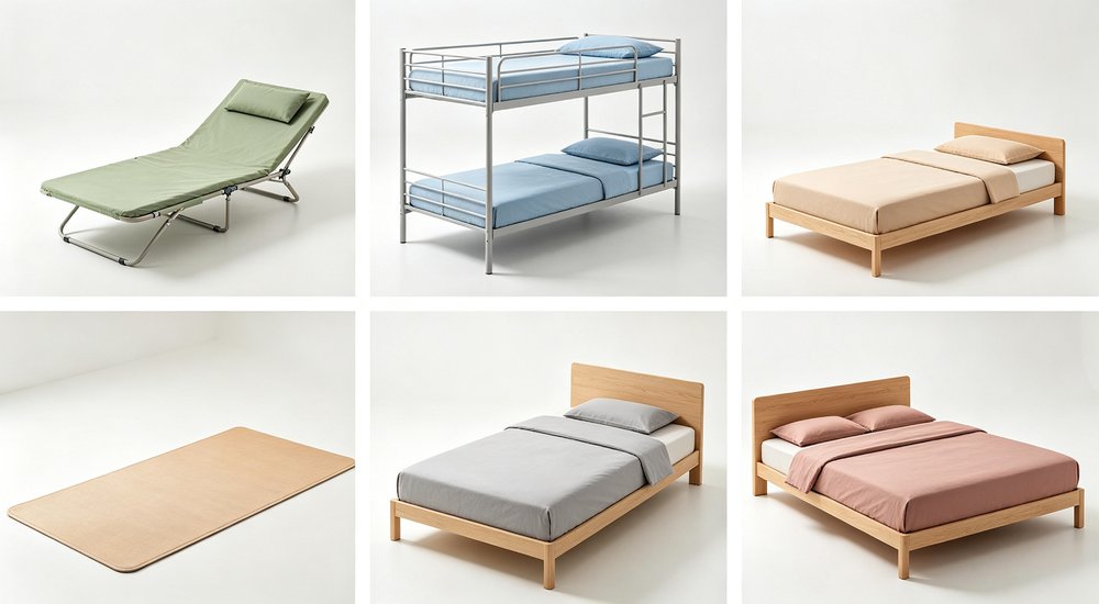 Flat lay product display of five bed types with different solid color bedding showing blue grey white beige and navy options for facility matching procurement and interior design