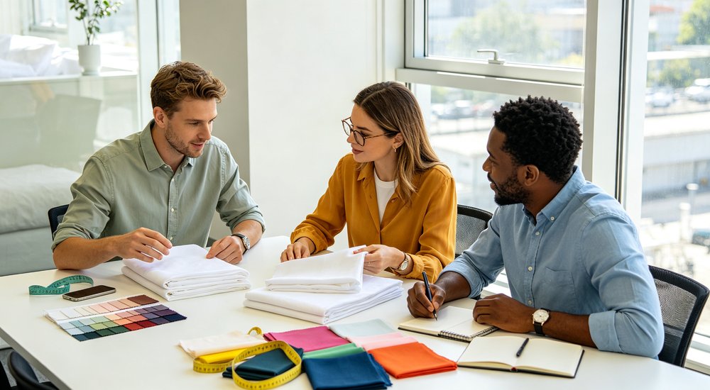 Meeting room view of procurement team reviewing bedding samples discussing material specifications color options and bulk order quantities for multi facility institutional housing projects