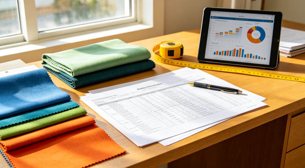 Overhead view of procurement desk with fabric swatch samples and specification documents showing institutional bedding material selection comparison and quality assurance documentation