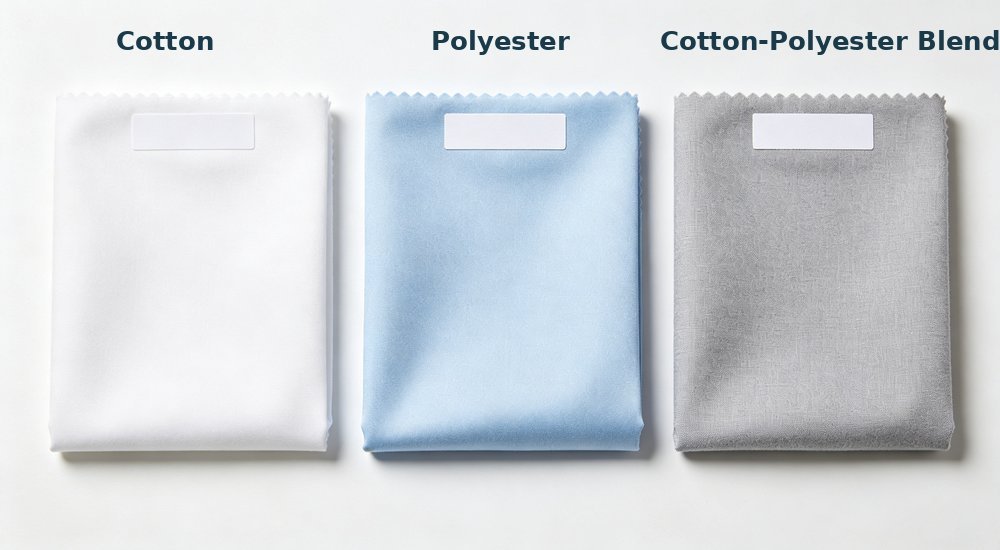 Material comparison of cotton polyester and polycotton blend fabric labeled showing composition difference for institutional bedding durability selection and cost effectiveness analysis