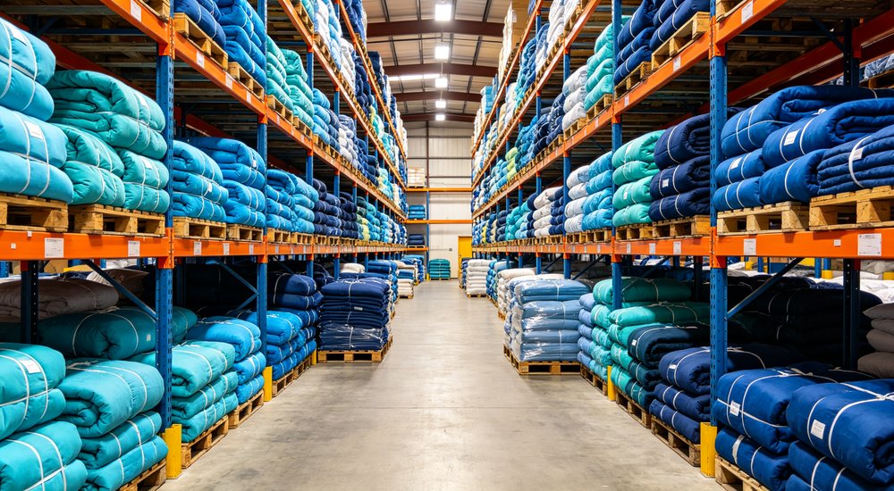 Warehouse aisle view of storage area with neatly stacked bedding bundles showing organized inventory management system for bulk institutional bedding supply chain and rapid order fulfillment