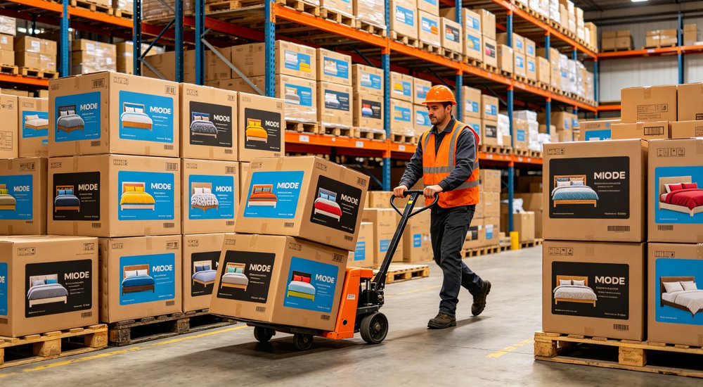 Packaging shot of cardboard shipping boxes with bedding product labels showing export packaging for international institutional bedding delivery and customs documentation for overseas