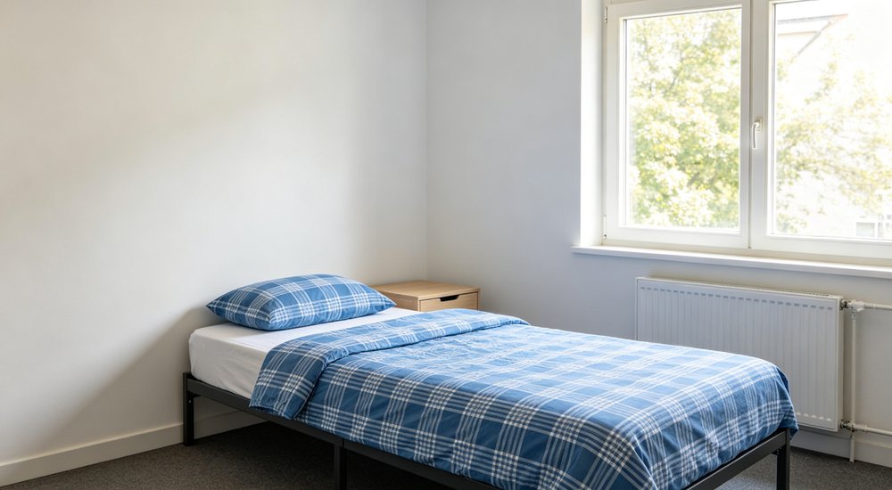 Room interior view of clean temporary accommodation with blue bedding showing standard emergency shelter room setup prepared for disaster relief residents requiring safe comfortable housing