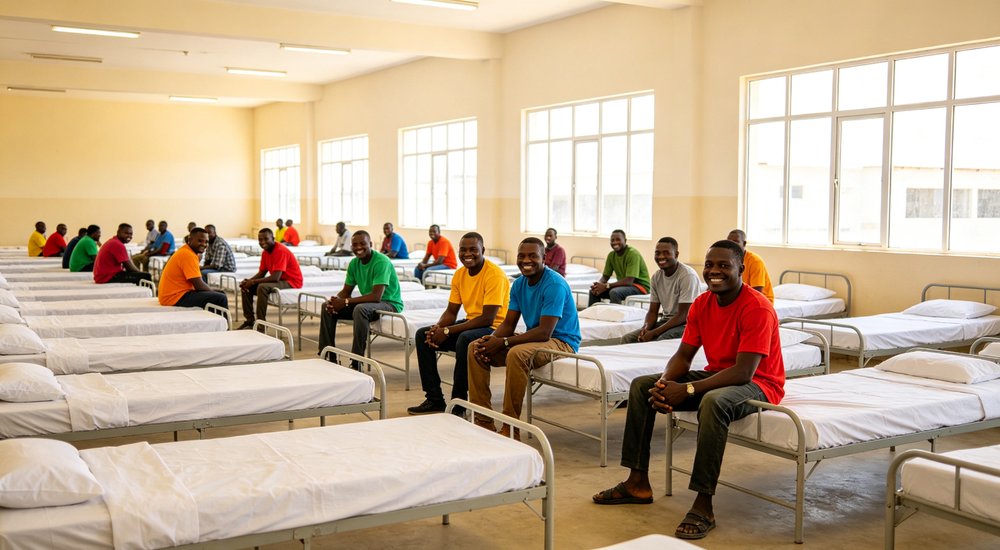 Resident perspective of satisfied shelter users in clean dormitory with comfortable institutional bedding showing successful temporary accommodation setup improving quality of life for beneficiaries