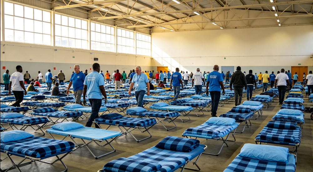 Wide angle view of large bright emergency shelter hall filled with rows of folding cots, diverse African and European volunteers moving between beds, sky blue navy checkered bedding, high ceiling large windows natural daylight bustling organized atmosphere