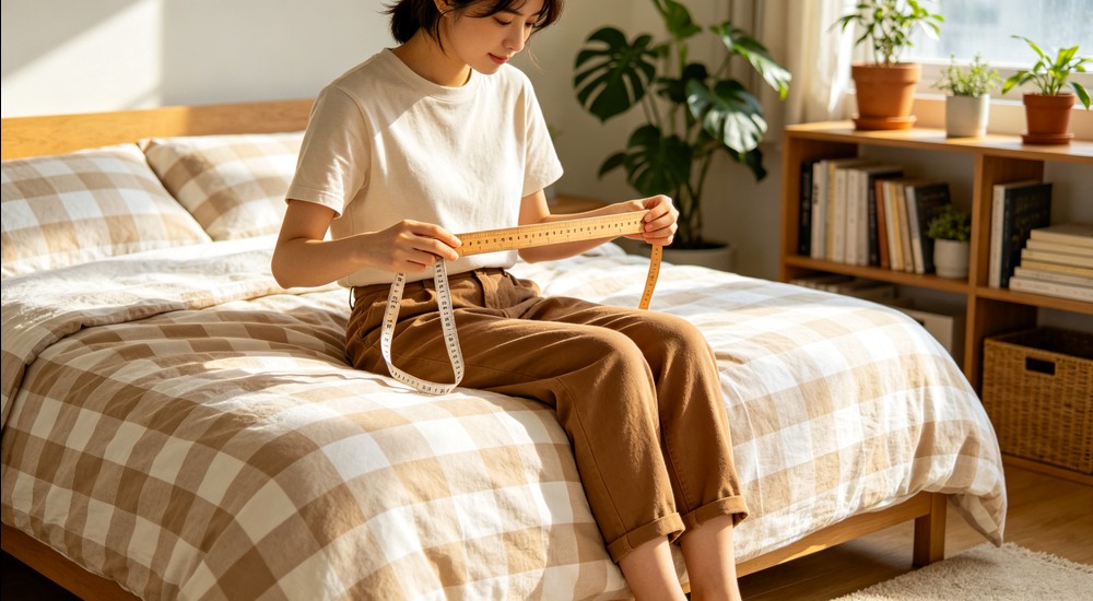 Four folded bedding sets representing Europe, USA, Japan, and China standards arranged in a row with color accents, dimension labels displayed below each set