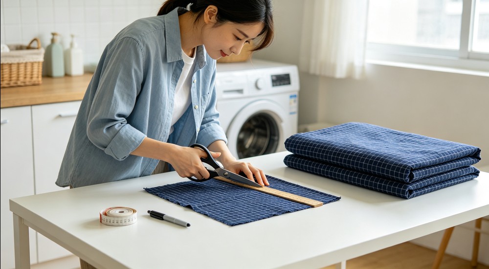 Close-up of hands cutting a 50 by 50 centimeter fabric sample with scissors in bright laundry room, marking pen and measuring tape on table, navy checkered bedding nearby