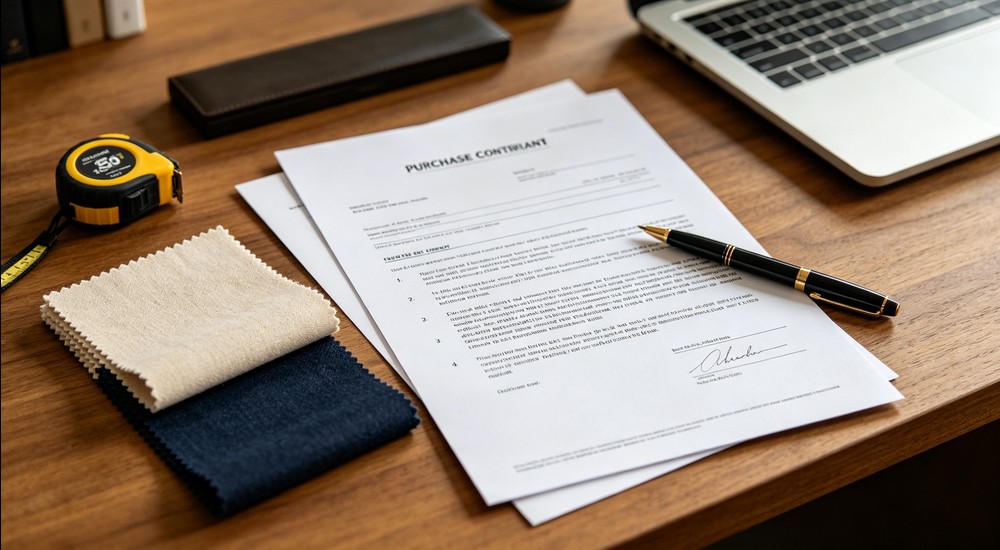 Office desk with purchase contract documents, beige and navy fabric samples, gold pen, and small measuring tape, professional business setting with natural window light