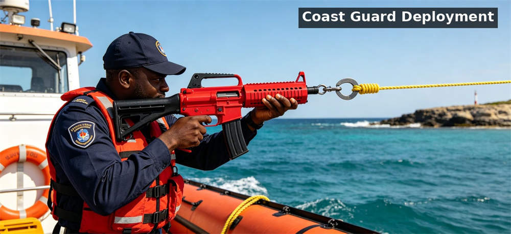Gun style thrower red coast guard scene for institutional procurement, inspection and supply planning