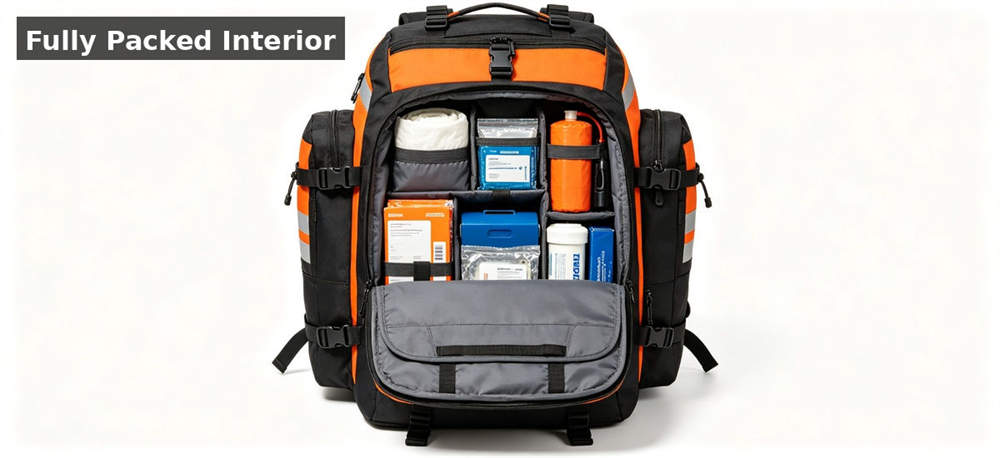 Rescue backpack packed interior for institutional procurement, inspection and supply planning
