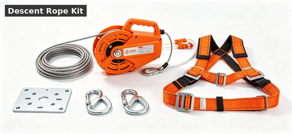 Descent rope kit with harness and anchor components for emergency escape for government stockpile, institutional supply and emergency