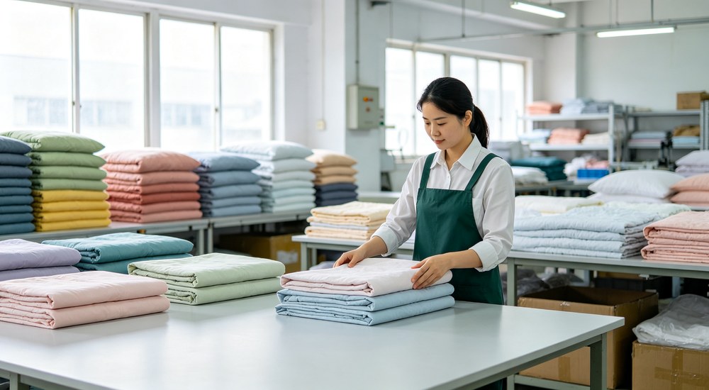 Candid bright textile factory quality control room with worker inspecting folded bedding sets on large table stacks colorful - suitable for institutional and emergency shelter procurement