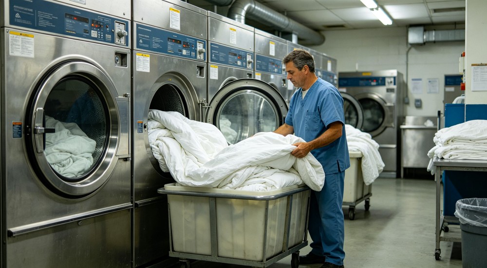 Commercial industrial washing machines in institutional laundry facility with worker loading white bedding into washer - for buyers comparing fabric materials and GSM weights