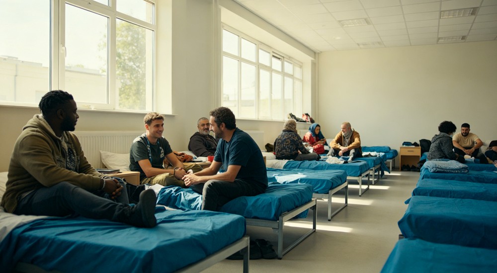 Night-time bright emergency shelter dormitory interior with people resting and talking on uniform blue bedding near large windows - suitable for institutional and emergency shelter procurement