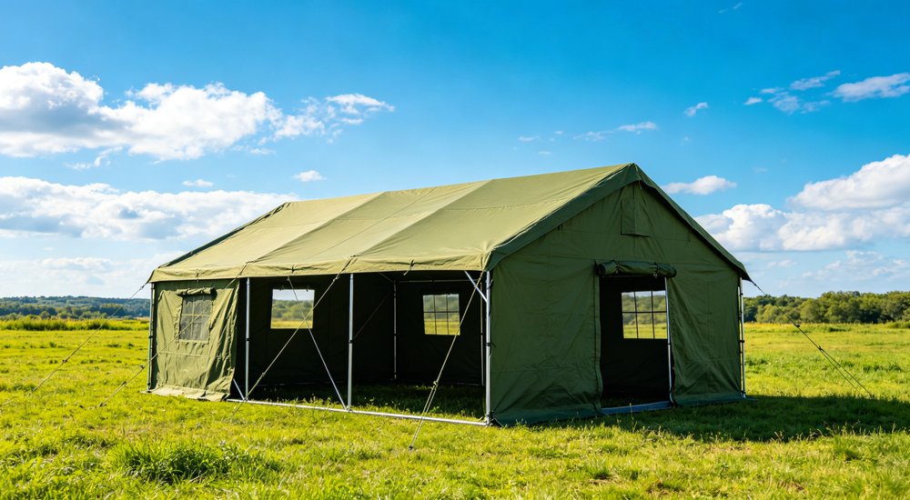 Emergency relief tent standing in heavy winter snow conditions demonstrating cold weather resistance insulation performance and durability for humanitarian operations in harsh climates
