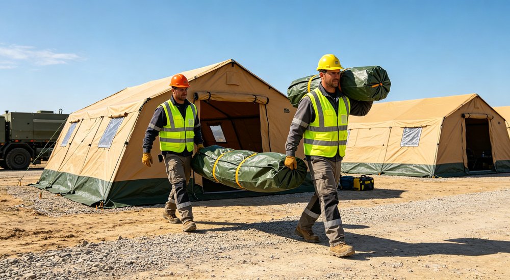 Professional emergency relief tent photographed in field deployment showing sturdy construction waterproof fabric and steel frame design suitable for disaster response and humanitarian aid operations