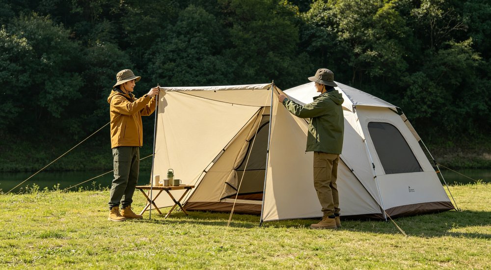 Professional emergency relief tent photographed in field deployment showing sturdy construction waterproof fabric and steel frame design suitable for disaster response and humanitarian aid operations