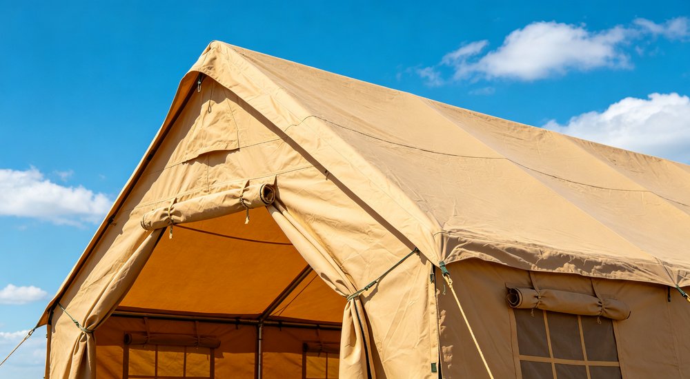Professional emergency relief tent photographed in field deployment showing sturdy construction waterproof fabric and steel frame design suitable for disaster response and humanitarian aid operations