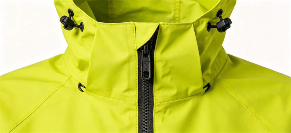 Raincoat zipper storm flap detail for institutional procurement, inspection and supply planning