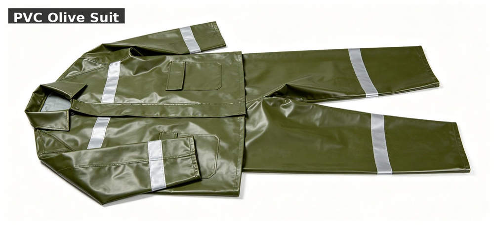 Raincoat olive green pvc suit white bg for institutional procurement, inspection and supply planning