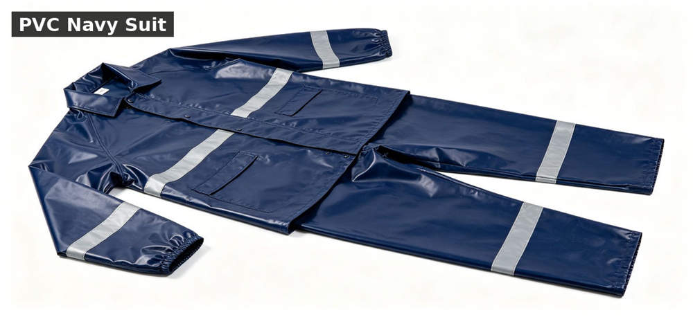 Raincoat navy pvc suit white bg for institutional procurement, inspection and supply planning
