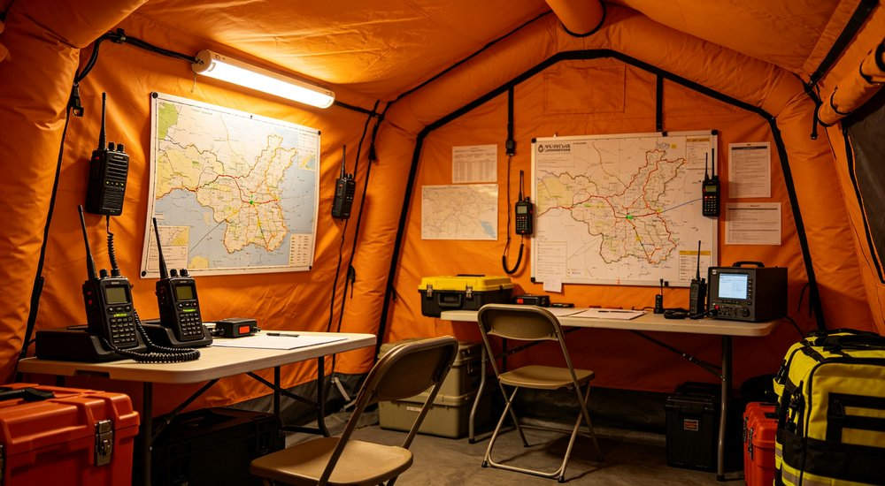 Fire rescue inflatable tents stored in dry warehouse organized on metal racks, proper inventory management and storage conditions, professional industrial photography
