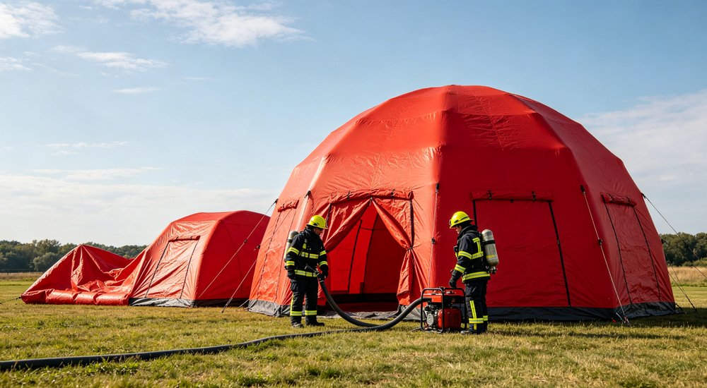 Urban high rise fire scene with red inflatable command tent set up near burning building, firefighters and fire trucks, smoke in background, professional emergency response photography