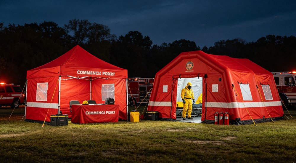 Front view of bright red 12 square meter fire rescue inflatable command tent at fire station, standard size for single team deployment, clear air beam structure visible, professional B2B product photography with clean background