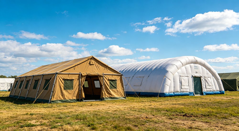 Heavy duty emergency frame tent displayed in operational setting demonstrating quick setup capability durable canvas exterior and spacious interior capacity for humanitarian relief missions