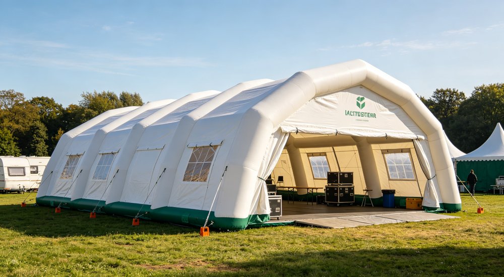 Emergency response tent captured during active deployment showing professional grade construction wind resistant frame and waterproof covering designed for long term use in challenging field conditions