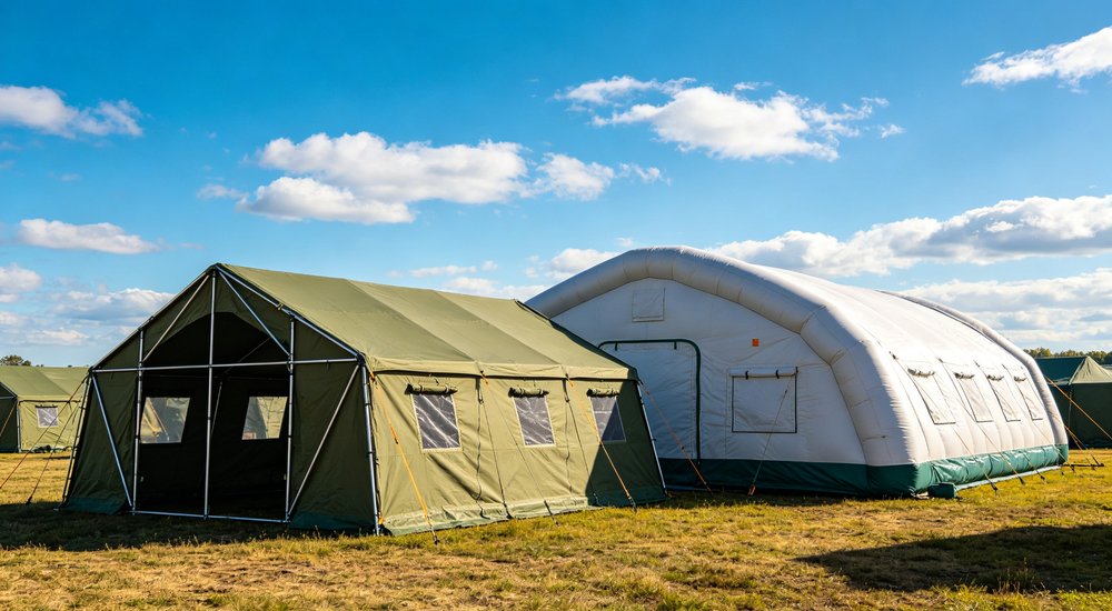 Humanitarian relief tent photographed at aid distribution camp providing reliable shelter with strong steel framework quality stitching and weather resistant fabric for disaster affected communities