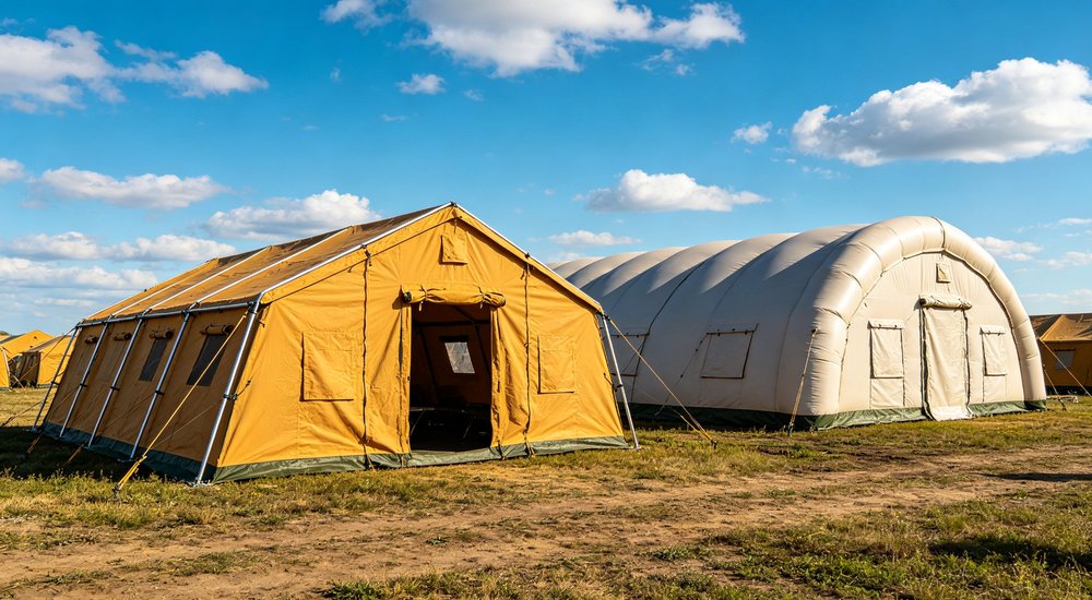 Heavy duty emergency frame tent displayed in operational setting demonstrating quick setup capability durable canvas exterior and spacious interior capacity for humanitarian relief missions