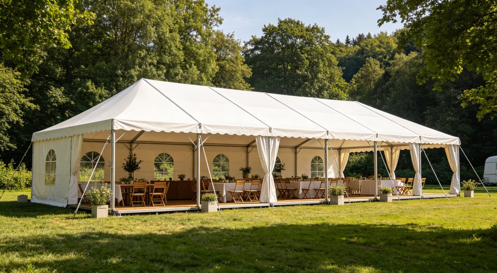 Large emergency shelter tent installed at disaster relief site providing weatherproof accommodation for affected populations with reinforced structure and quality materials visible