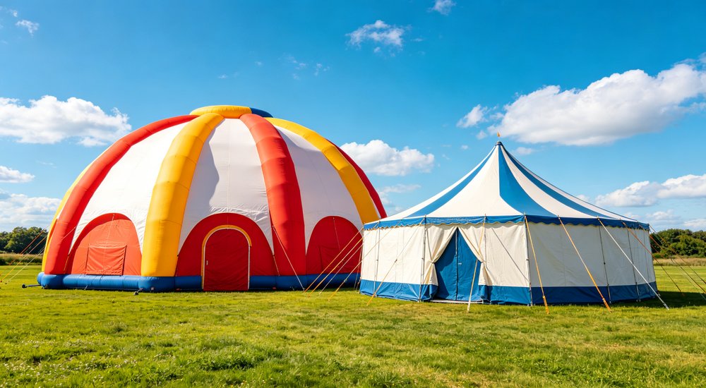 Large emergency shelter tent installed at disaster relief site providing weatherproof accommodation for affected populations with reinforced structure and quality materials visible