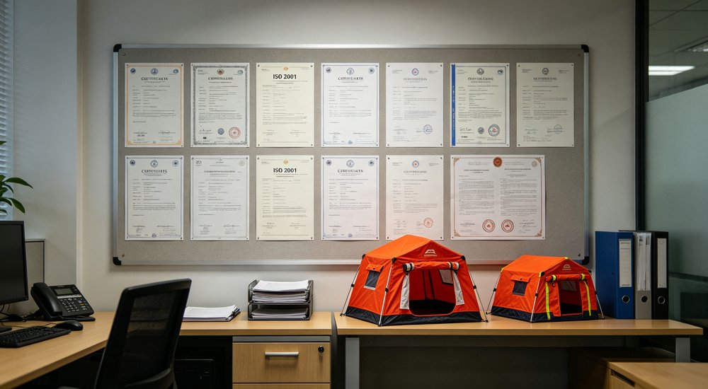 Complete fire rescue tent repair kit with PVC patches, glue, hand pump, laid out on red tent fabric, professional product photography