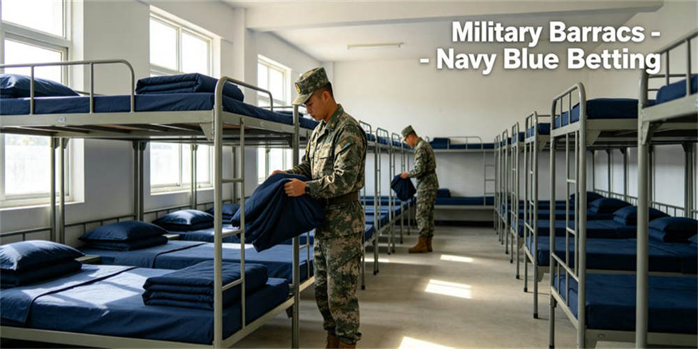 Navy blue military barracks with active soldiers, standard group accommodation scene inside large military dormitory room