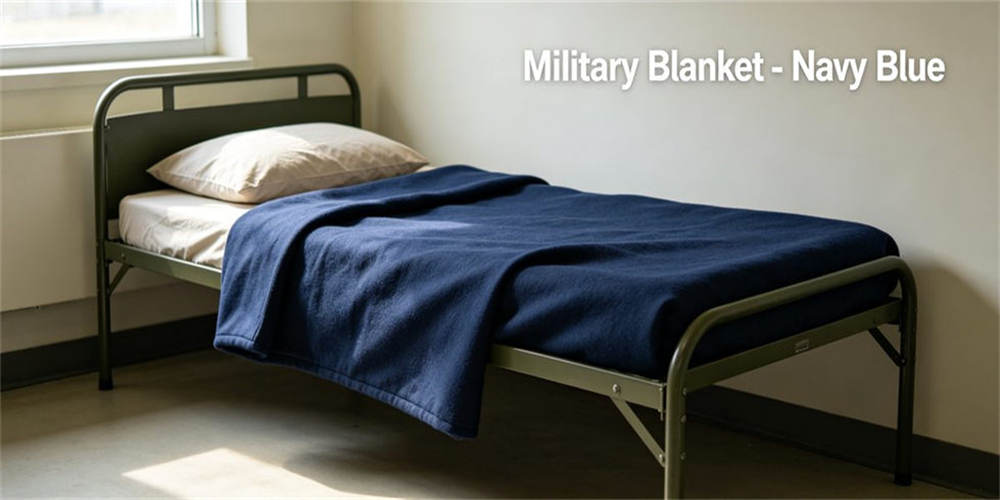 Navy blue heavy duty military blanket, thick durable textile blanket product for military dorm and field camp use