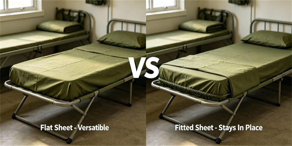 Flat sheet vs fitted sheet professional comparison, detailed bedding sheet type demo guide for military bedding selection