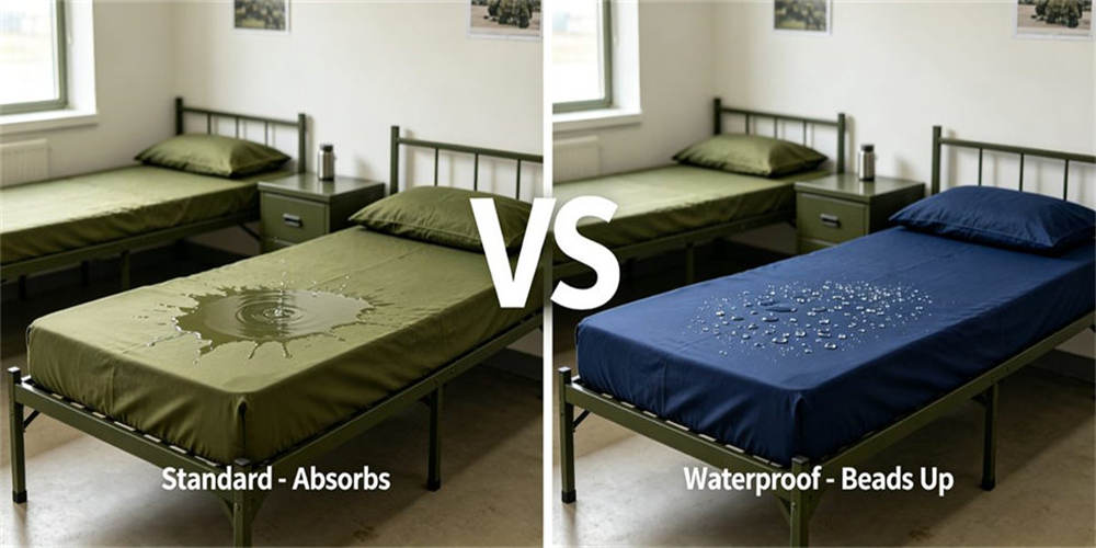 Waterproof protector water beading effect test, professional waterproof performance demo shot for bedding protection quality
