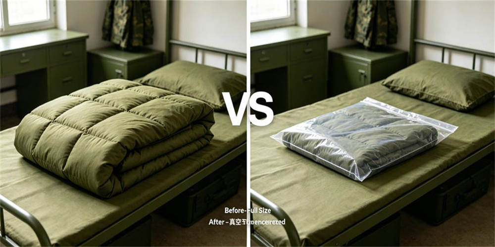 Military comforter vacuum compression, space saving convenient bedding packing method for long distance product transport