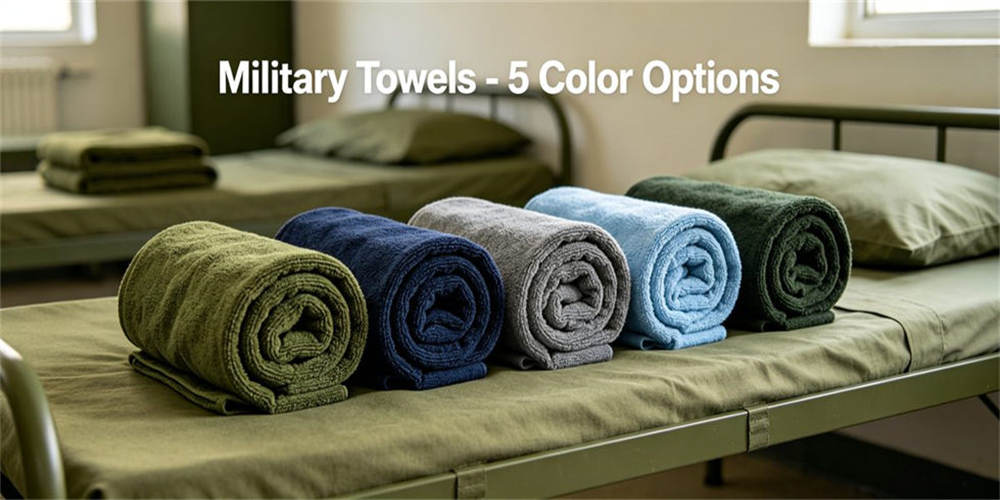 Military towels in 5 color options, multi-color practical cotton towel product range for military troop daily usage