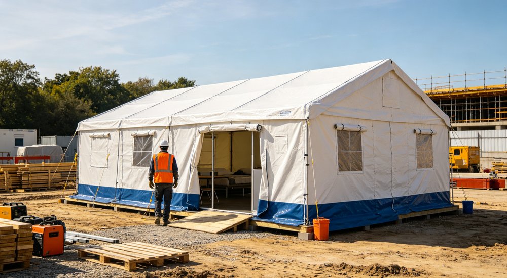 Earthquake affected region showing emergency relief tents deployed near damaged buildings providing immediate safe shelter for survivors while recovery and reconstruction work continues