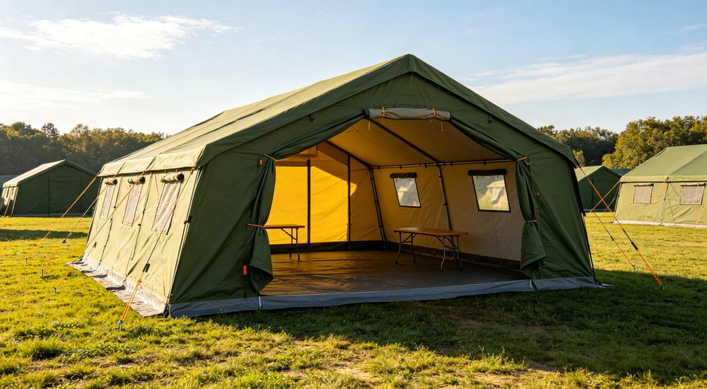 Professional emergency relief tent photographed in field deployment showing sturdy construction waterproof fabric and steel frame design suitable for disaster response and humanitarian aid operations
