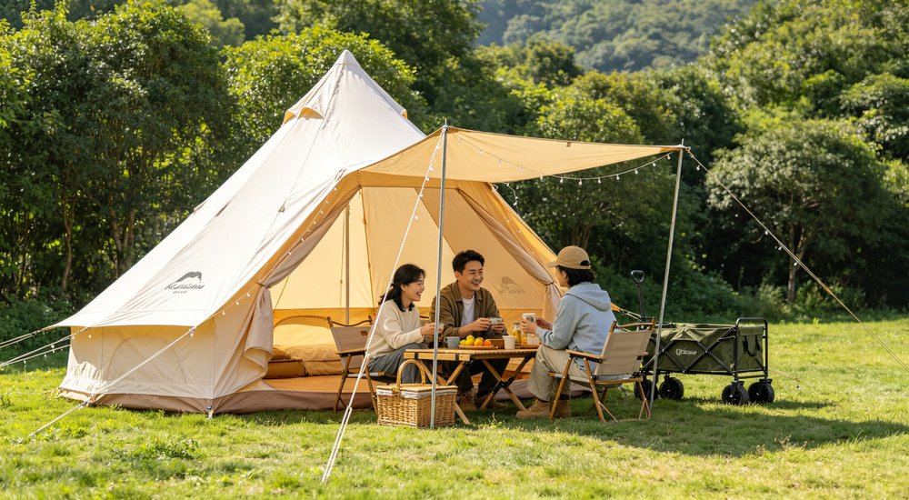 Large emergency shelter tent installed at disaster relief site providing weatherproof accommodation for affected populations with reinforced structure and quality materials visible