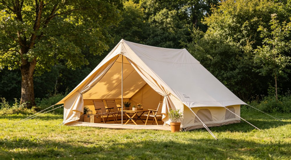 Large emergency shelter tent installed at disaster relief site providing weatherproof accommodation for affected populations with reinforced structure and quality materials visible