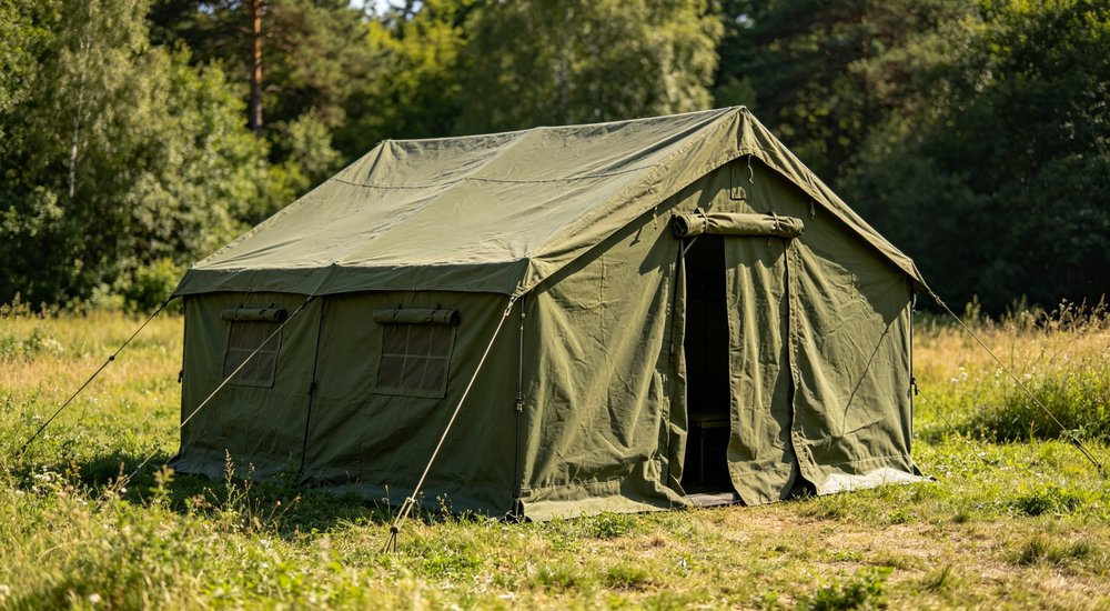Large emergency shelter tent installed at disaster relief site providing weatherproof accommodation for affected populations with reinforced structure and quality materials visible
