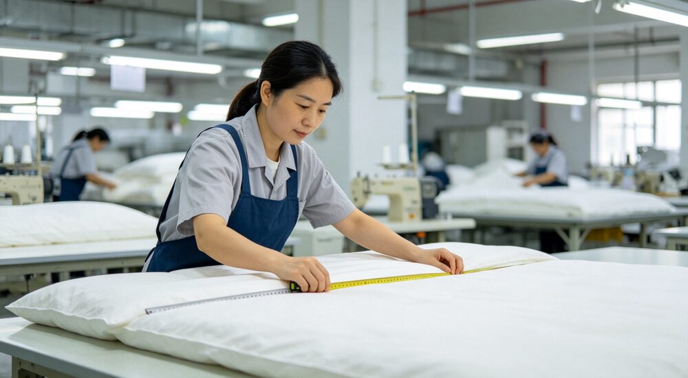 Close-up detail of institutional bedding fabric material showing weave texture thread count and composition for procurement evaluation suitable for emergency shelters hospitals universities and hotels requiring durable comfortable bedding solutions
