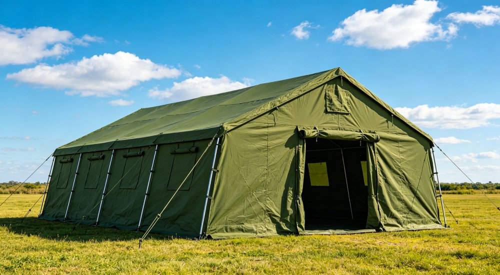 Humanitarian relief tent photographed at aid distribution camp providing reliable shelter with strong steel framework quality stitching and weather resistant fabric for disaster affected communities