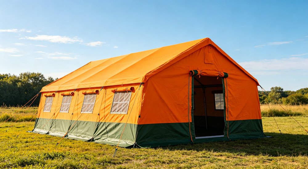 Emergency response tent captured during active deployment showing professional grade construction wind resistant frame and waterproof covering designed for long term use in challenging field conditions